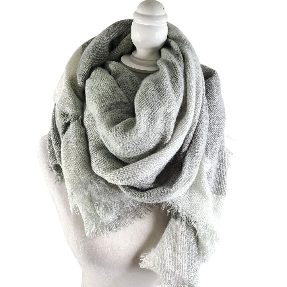 Chunky Gray White Plaid Fringe Colorblock Super Soft Shawl Throw Blanket Scarf